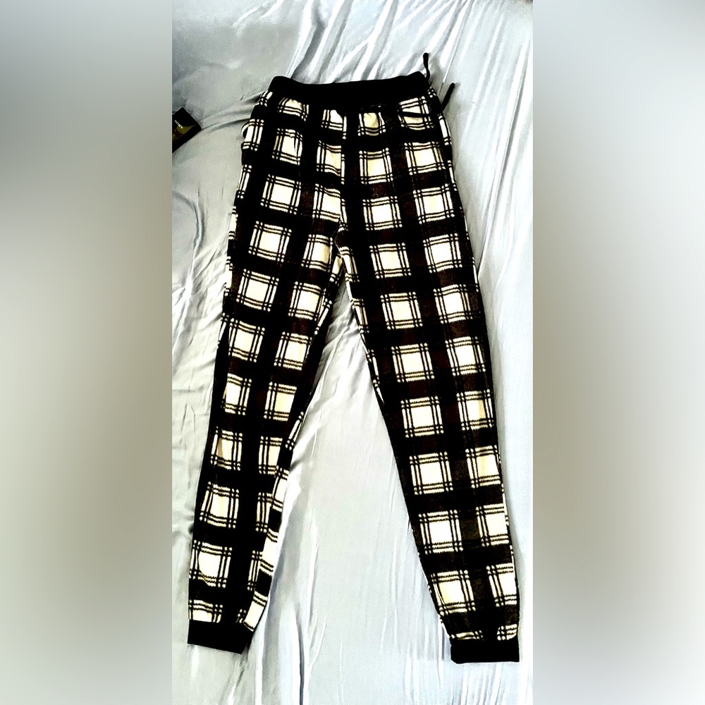pajama pants, fake drawstrings, fuzzy